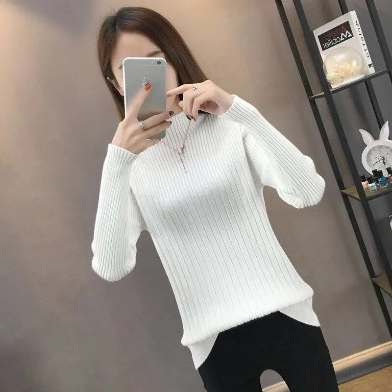 Half-Height Collar Women Western Tops Slimming Slim-Look Knitted Long Sleeved Sweater