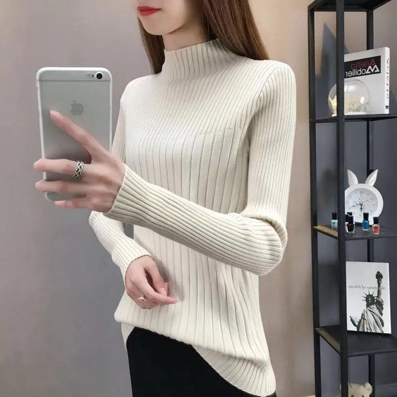 Half-Height Collar Women Western Tops Slimming Slim-Look Knitted Long Sleeved Sweater