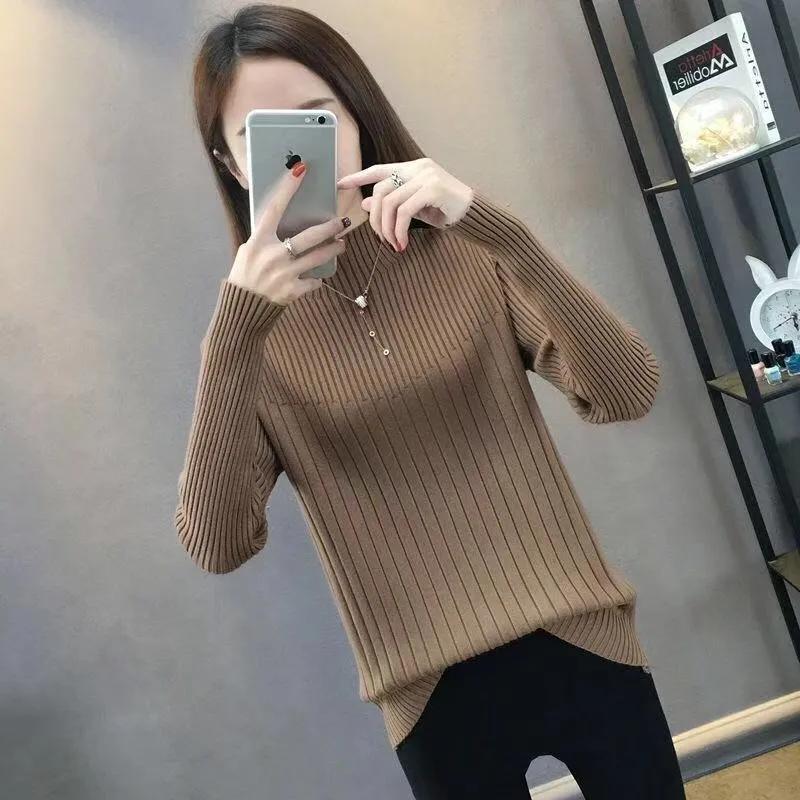 Half-Height Collar Women Western Tops Slimming Slim-Look Knitted Long Sleeved Sweater