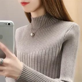 Half-Height Collar Women Western Tops Slimming Slim-Look Knitted Long Sleeved Sweater