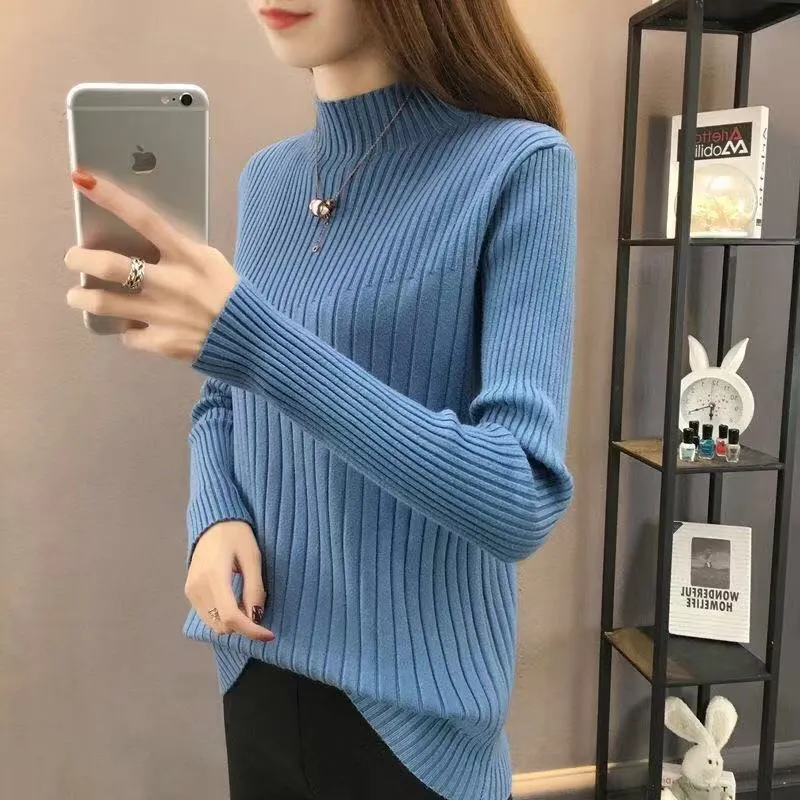Half-Height Collar Women Western Tops Slimming Slim-Look Knitted Long Sleeved Sweater