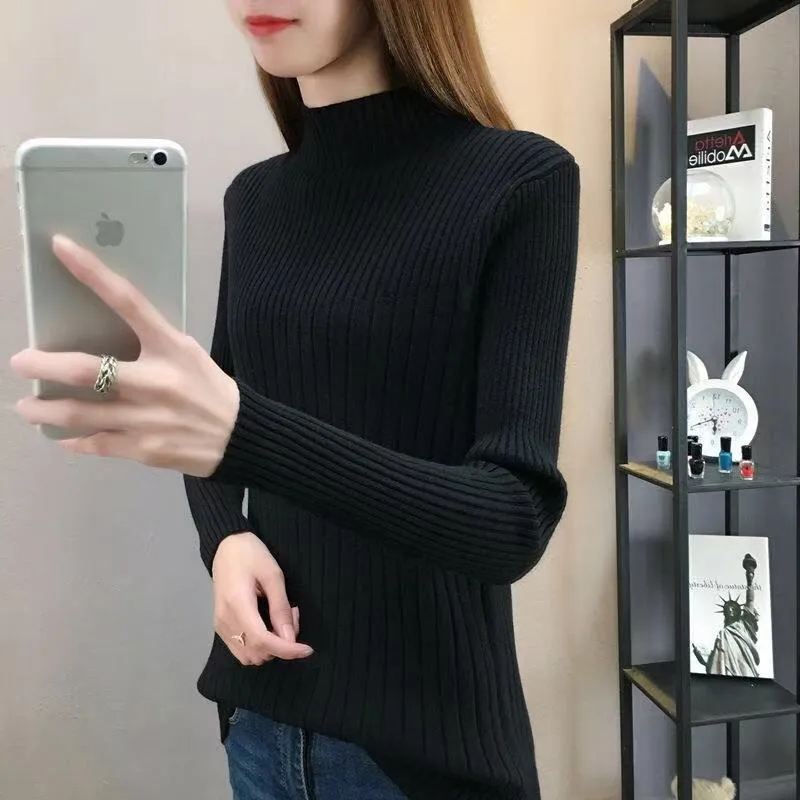 Half-Height Collar Women Western Tops Slimming Slim-Look Knitted Long Sleeved Sweater
