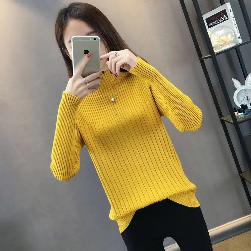 Half-Height Collar Women Western Tops Slimming Slim-Look Knitted Long Sleeved Sweater