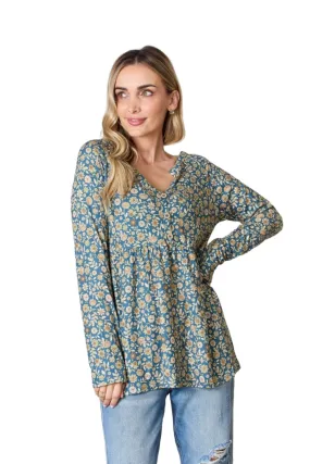 Heimish Full Size Floral Half Button Long Sleeve Blouse
