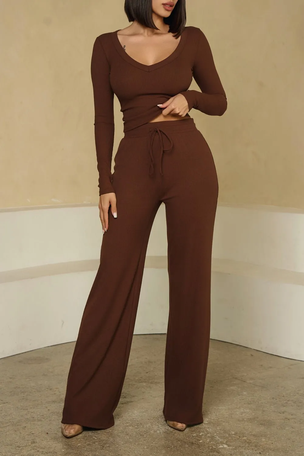 HMS Skins: Chocolate Baby Rib Long Sleeve V Neck Top