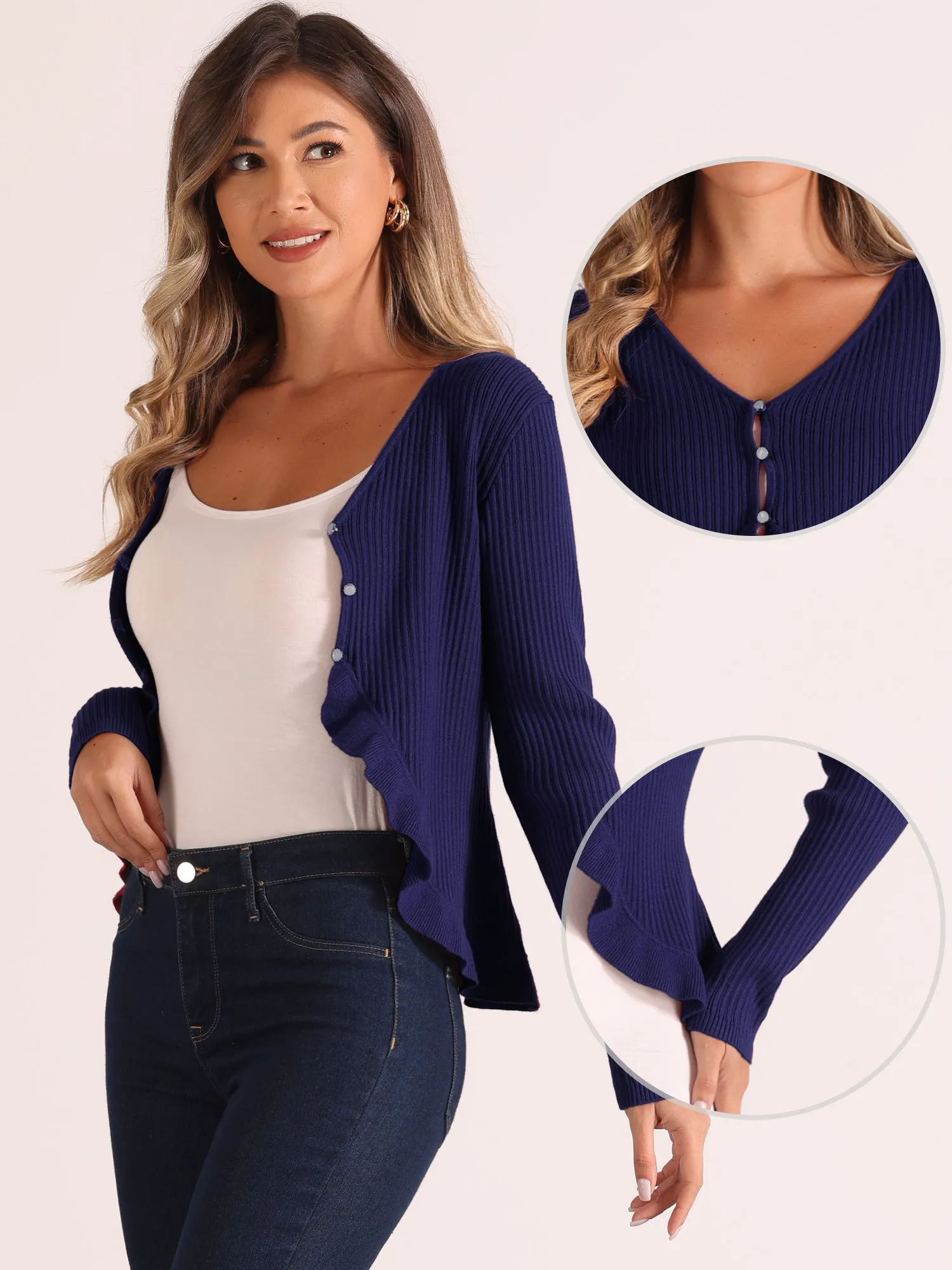 Long Sleeve Buttons Stretchy Ruffle V Neck Knit Tops