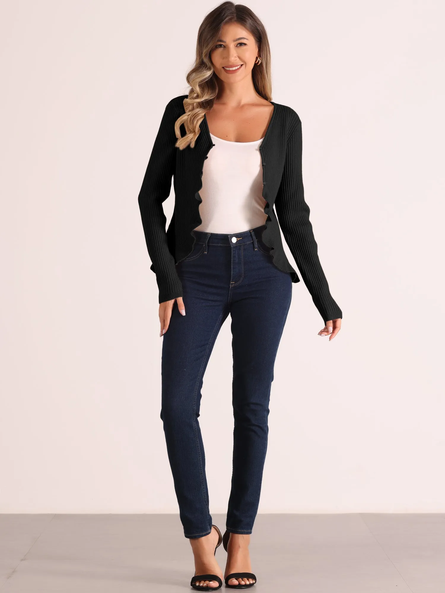 Long Sleeve Buttons Stretchy Ruffle V Neck Knit Tops