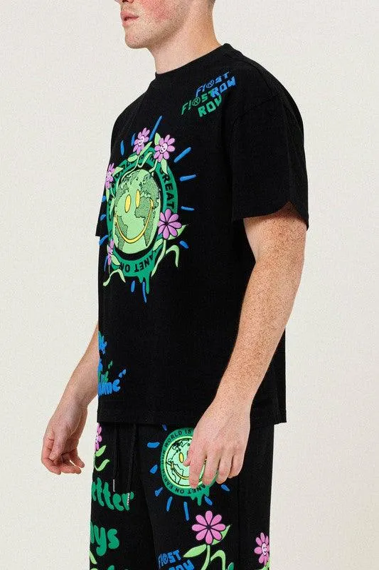 Mens Black And Green Flower Graphic Tee