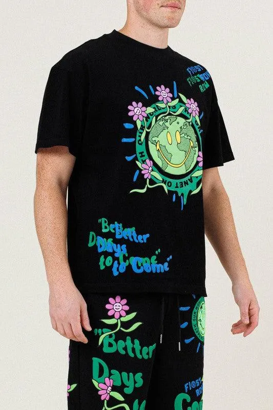 Mens Black And Green Flower Graphic Tee