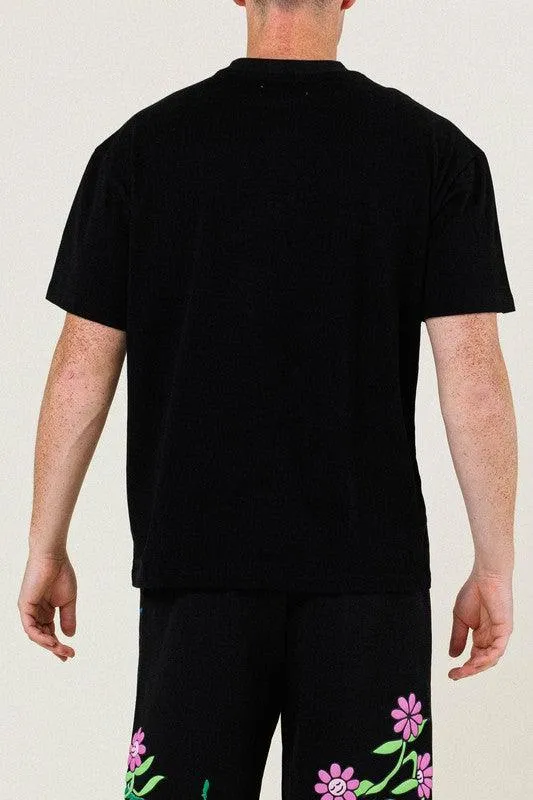 Mens Black And Green Flower Graphic Tee