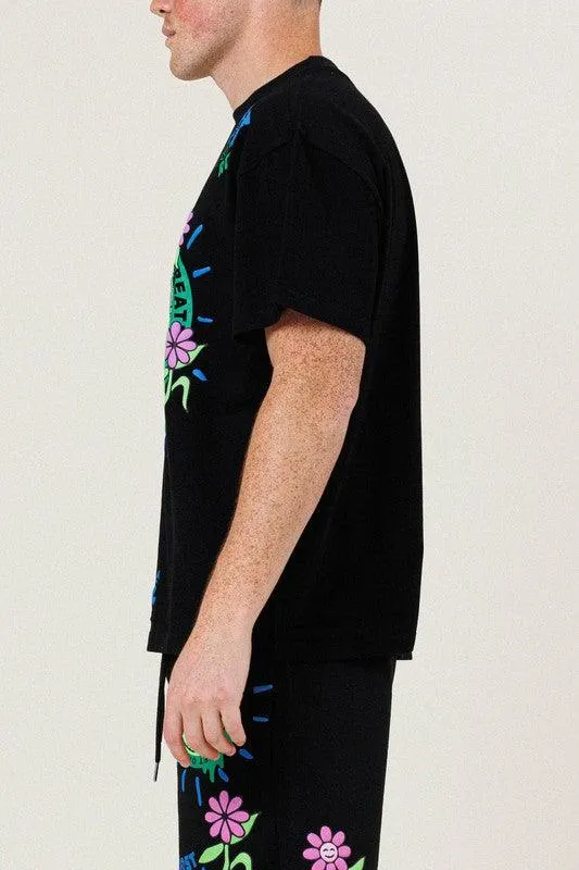 Mens Black And Green Flower Graphic Tee