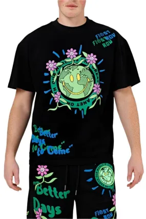 Mens Black And Green Flower Graphic Tee