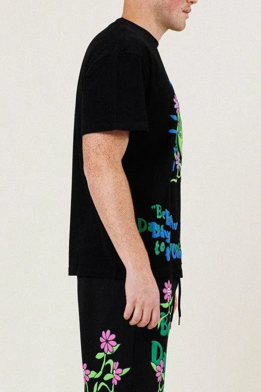Mens Black And Green Flower Graphic Tee