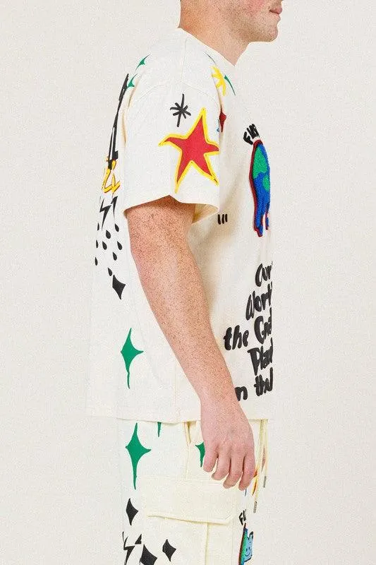 Mens Earth Graphic Tee Shirt In Cream