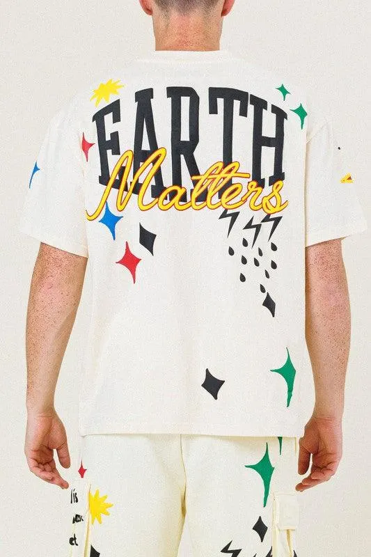 Mens Earth Graphic Tee Shirt In Cream