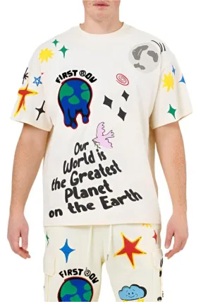 Mens Earth Graphic Tee Shirt In Cream