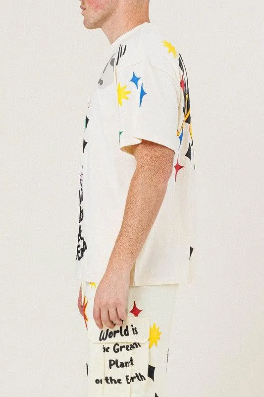 Mens Earth Graphic Tee Shirt In Cream