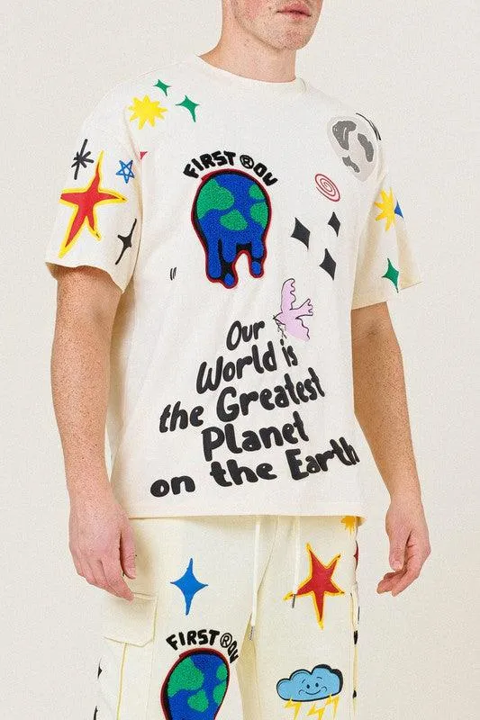 Mens Earth Graphic Tee Shirt In Cream