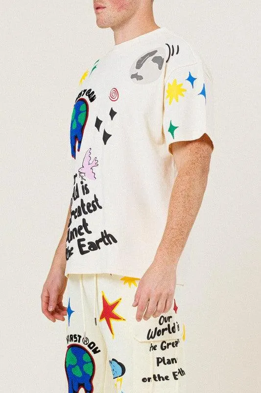 Mens Earth Graphic Tee Shirt In Cream