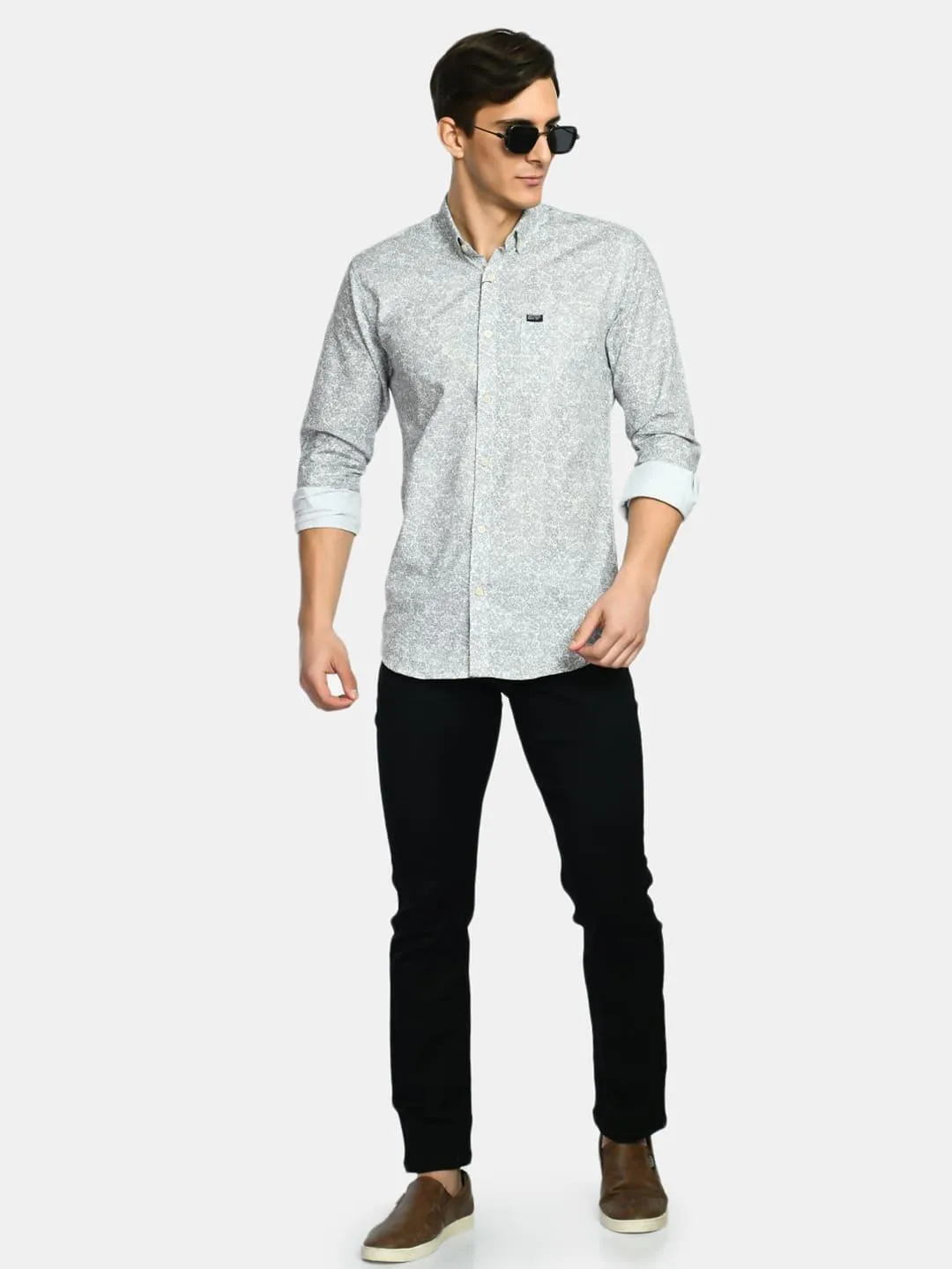 Men's Printed Oxford Regular Fit Shirt - White
