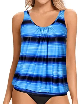 Modest Blouson Tankini Top Soft Bra Paddings For Women-Black And Blue Stripes
