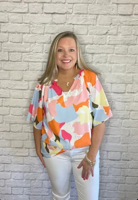 Multicolor Floral Print V Neck Half Sleeve Blouse