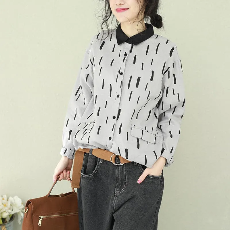Natural gray lapel linen crane tops Fitted Photography Button Down Midi tops