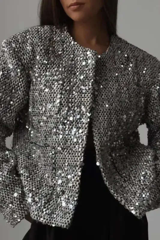 Platinum Dreams Tweed Sequin Pocketed Open Blazer