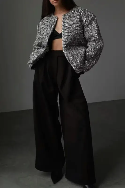 Platinum Dreams Tweed Sequin Pocketed Open Blazer