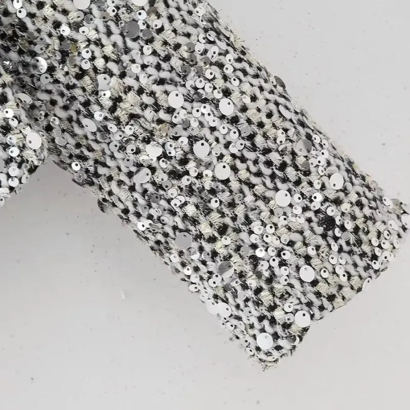 Platinum Dreams Tweed Sequin Pocketed Open Blazer
