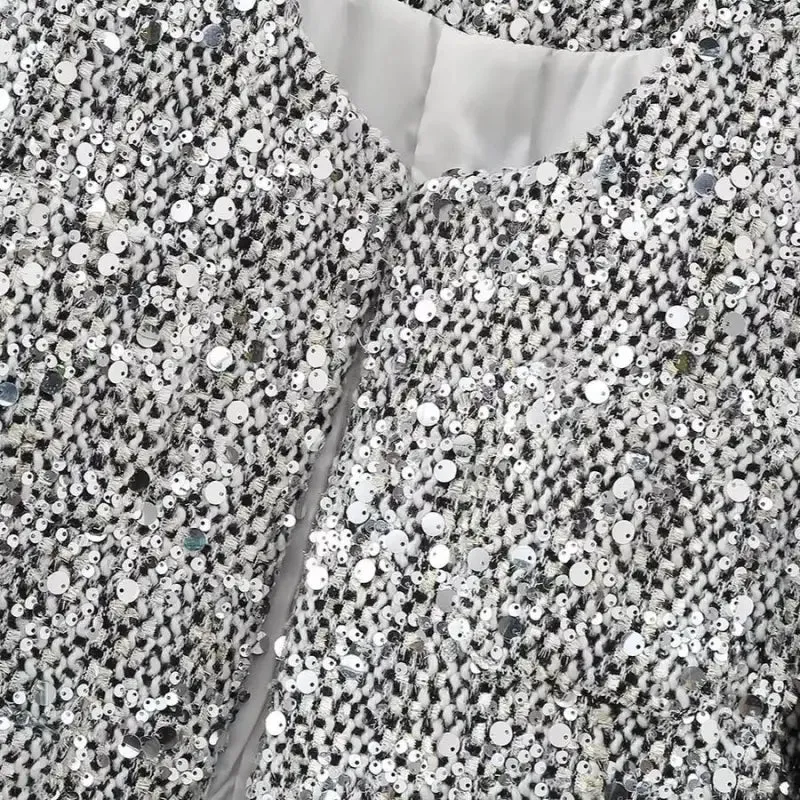 Platinum Dreams Tweed Sequin Pocketed Open Blazer