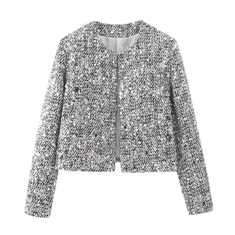 Platinum Dreams Tweed Sequin Pocketed Open Blazer