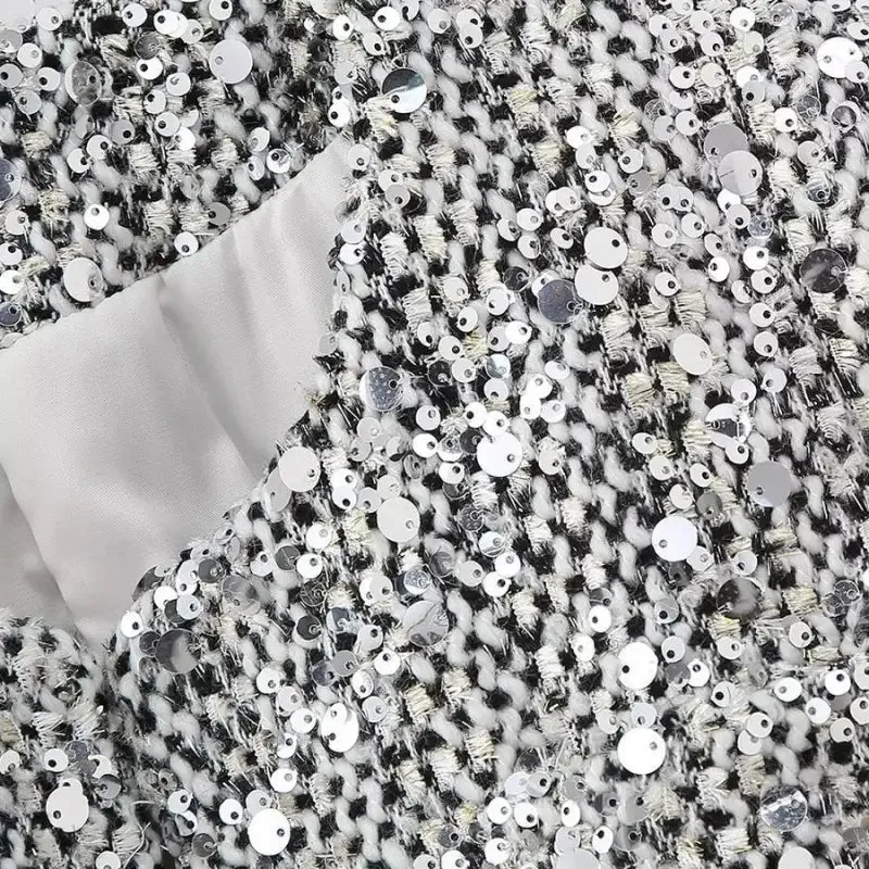 Platinum Dreams Tweed Sequin Pocketed Open Blazer