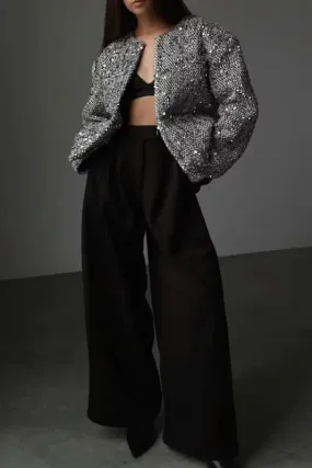 Platinum Dreams Tweed Sequin Pocketed Open Blazer