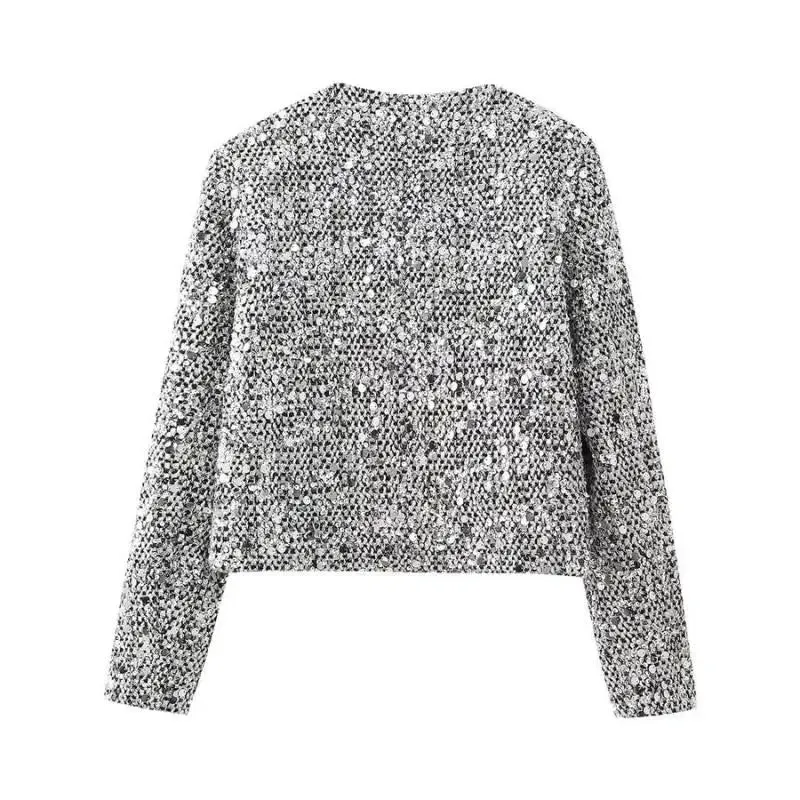 Platinum Dreams Tweed Sequin Pocketed Open Blazer