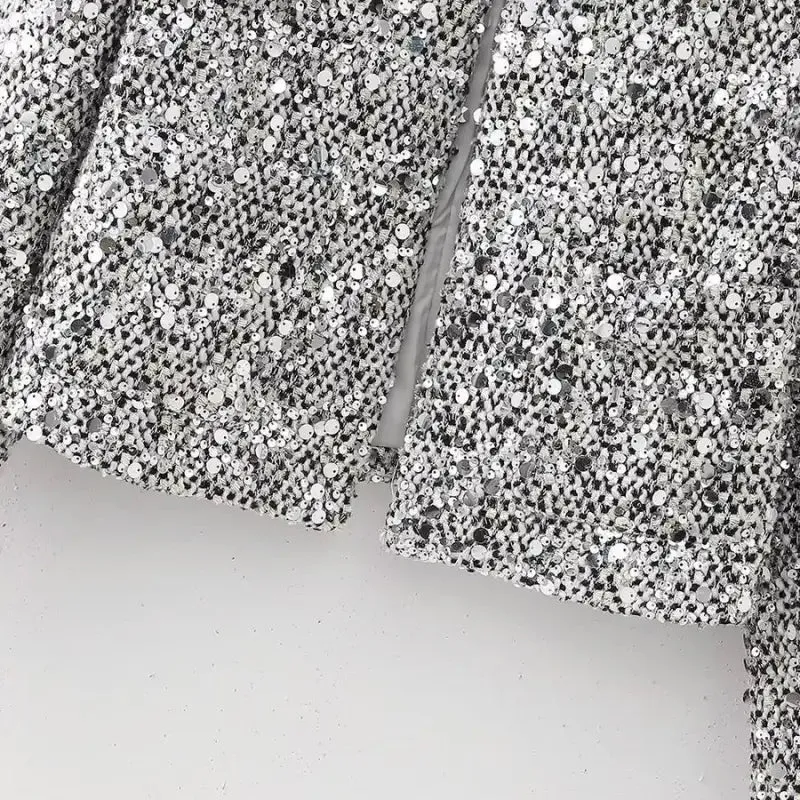 Platinum Dreams Tweed Sequin Pocketed Open Blazer