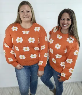 POL ORANGE FLORAL CREW NECK SWEATER