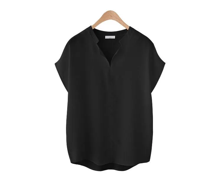 Popular Loose All-Matching Short Sleeve T-Shirt Women Tops Solid Colored Chiffon Shirt Minimalist Stand Collar Blouse
