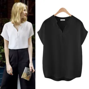 Popular Loose All-Matching Short Sleeve T-Shirt Women Tops Solid Colored Chiffon Shirt Minimalist Stand Collar Blouse