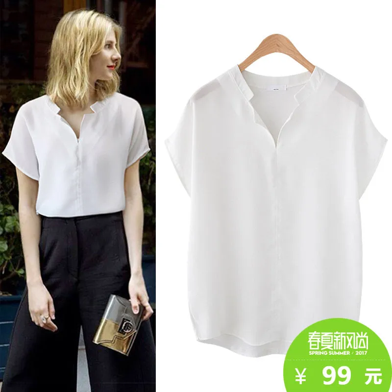 Popular Loose All-Matching Short Sleeve T-Shirt Women Tops Solid Colored Chiffon Shirt Minimalist Stand Collar Blouse