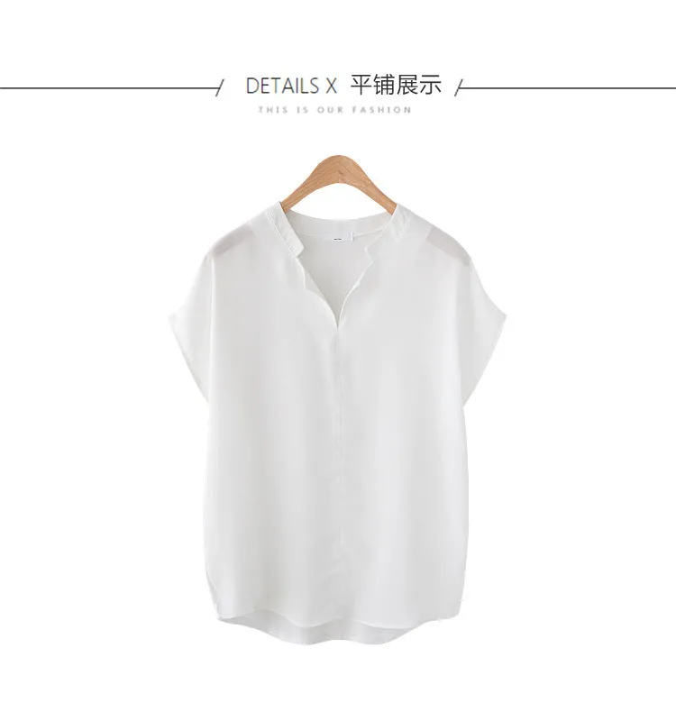 Popular Loose All-Matching Short Sleeve T-Shirt Women Tops Solid Colored Chiffon Shirt Minimalist Stand Collar Blouse