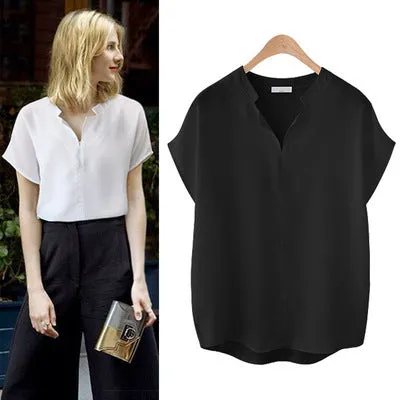 Popular Loose All-Matching Short Sleeve T-Shirt Women Tops Solid Colored Chiffon Shirt Minimalist Stand Collar Blouse