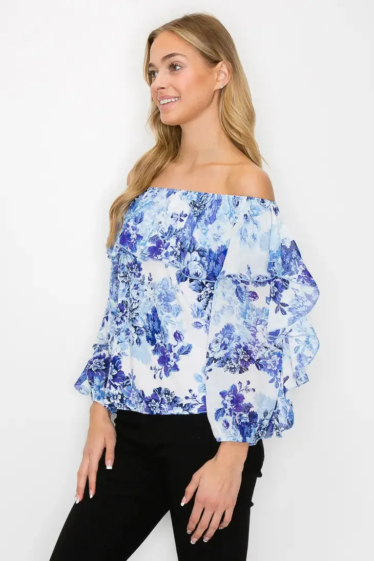 Printed Flutter Off Shoulder 3/4 Sleeve Blouse
