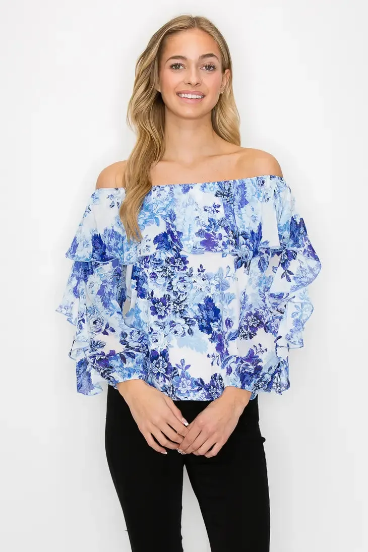 Printed Flutter Off Shoulder 3/4 Sleeve Blouse