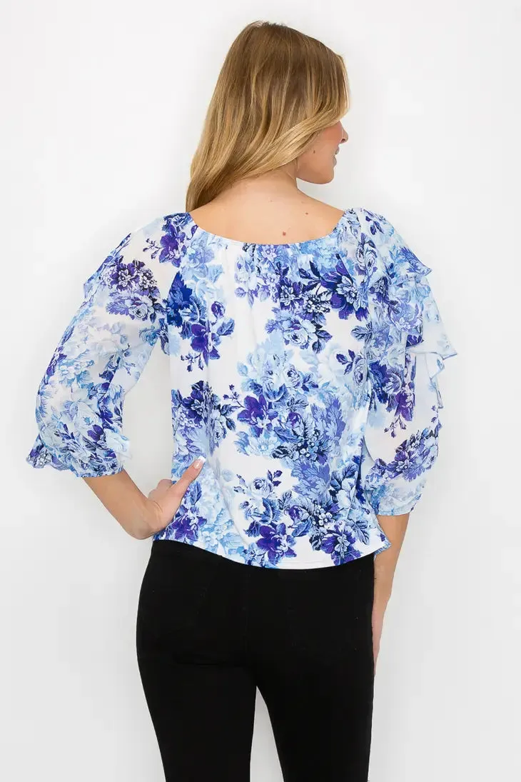 Printed Flutter Off Shoulder 3/4 Sleeve Blouse