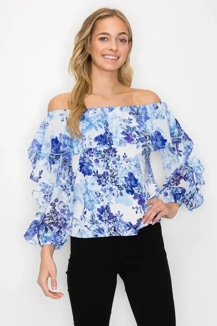 Printed Flutter Off Shoulder 3/4 Sleeve Blouse