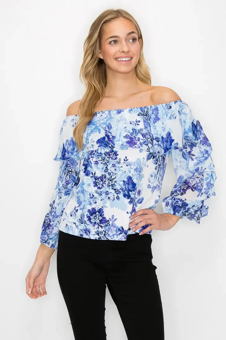 Printed Flutter Off Shoulder 3/4 Sleeve Blouse