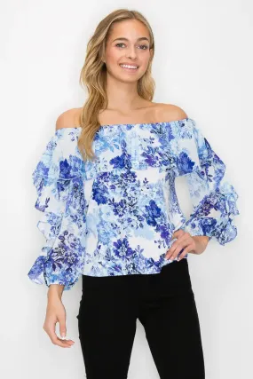 Printed Flutter Off Shoulder 3/4 Sleeve Blouse