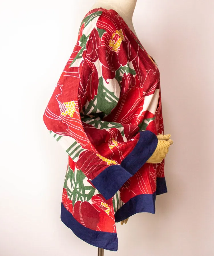 Red Floral Print Hakunarai Kimono Shirt