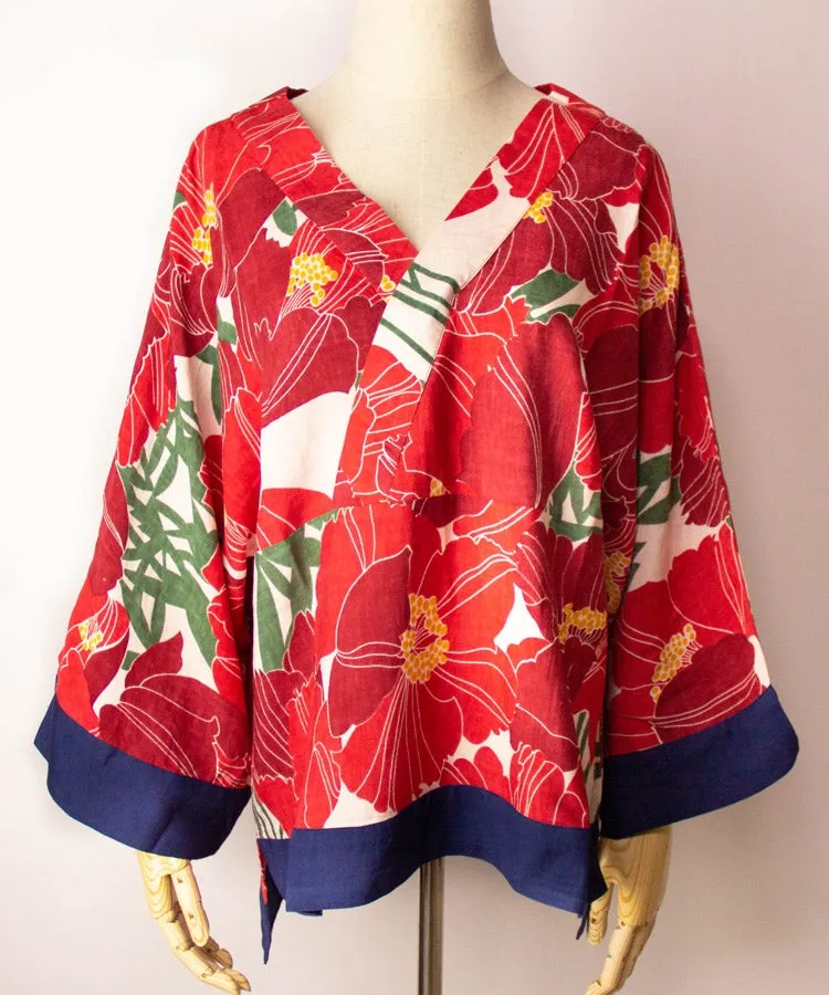 Red Floral Print Hakunarai Kimono Shirt